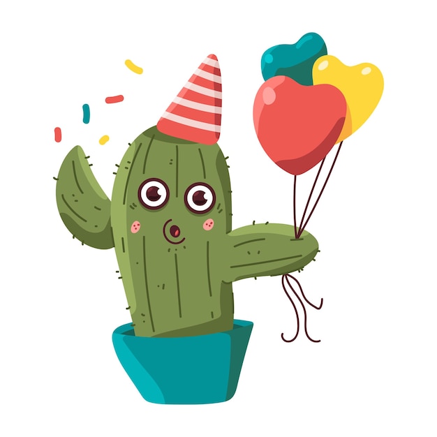 Cute cactus in pot celebrating birthday vector cartoon character isolated on a white background