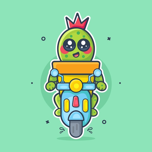 cute cactus on pot character mascot riding scooter motorcycle isolated cartoon