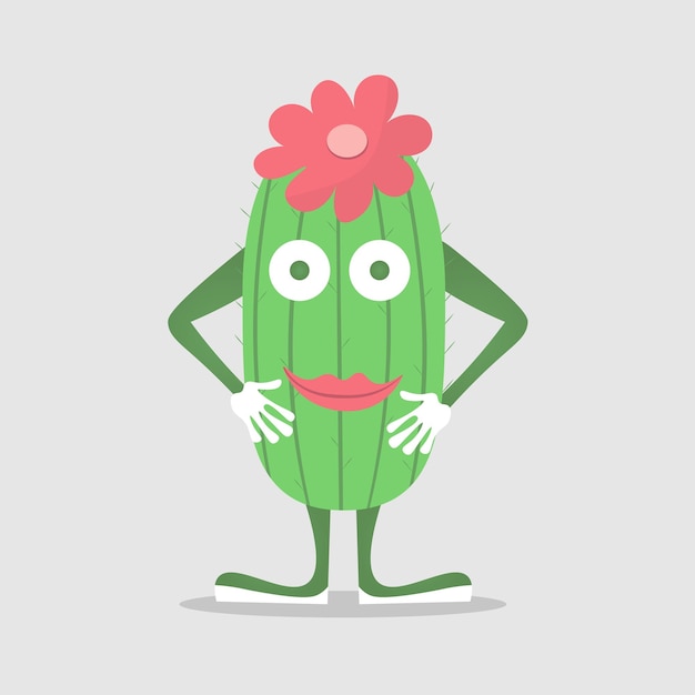 Cute cactus or succulent character with flowers vector cartoon illustration in flat style with shadow