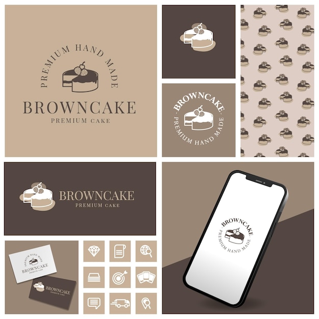 CUTE CAKE BROWNIES LOGO WITH ICON AND PATTERN SET