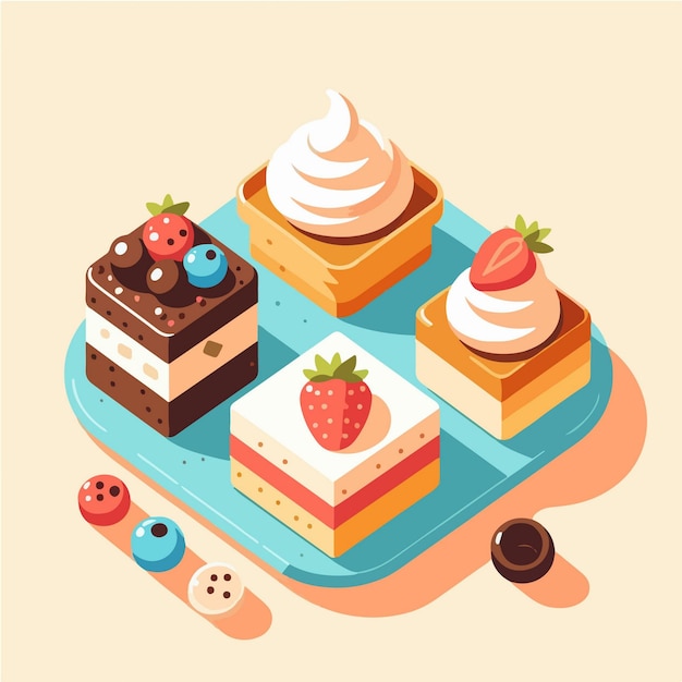 Vector cute cake dessert set with cream and fruit