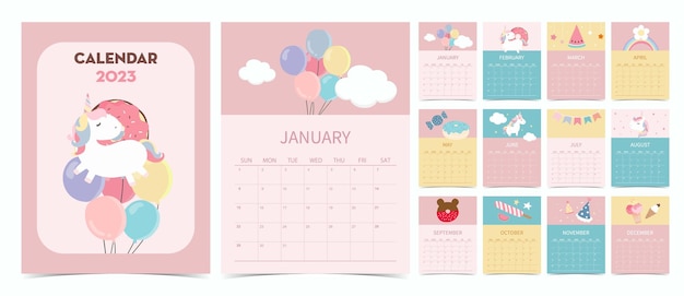 Cute calendar 2023 with unicornballoon and rainbow