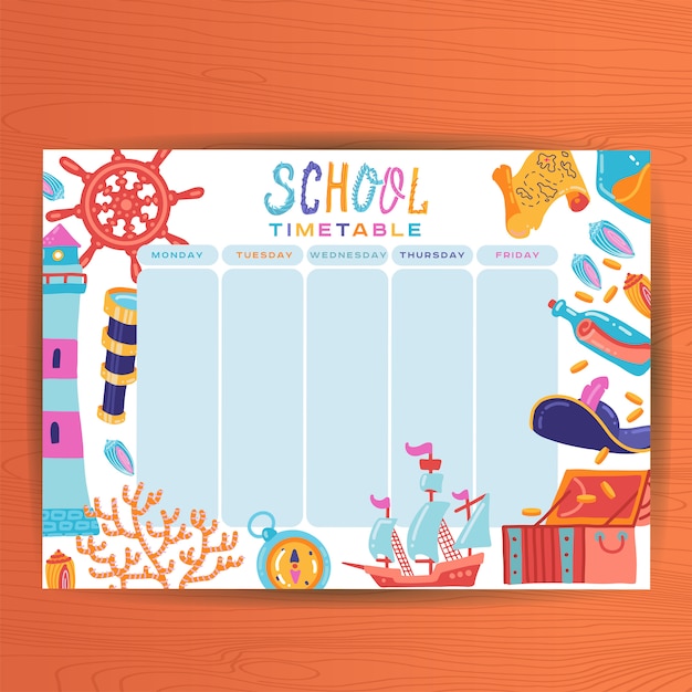 Cute Calendar Weekly Planner Template. Marine Theme Illustration. Organizer and Schedule. Timetable Lesson