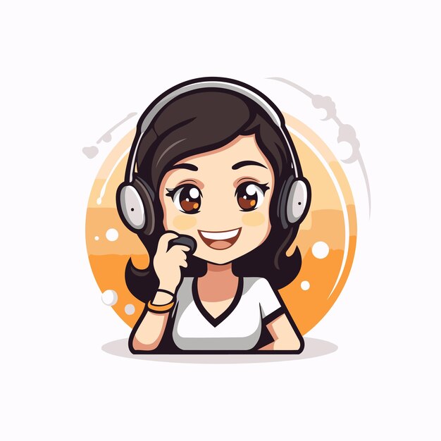 Cute call center operator with headset Vector flat cartoon illustration