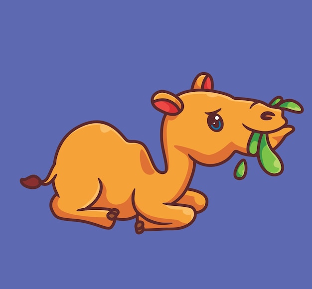 Cute camel eating grass sitting isolated cartoon animal illustration Flat Style Sticker Icon Design