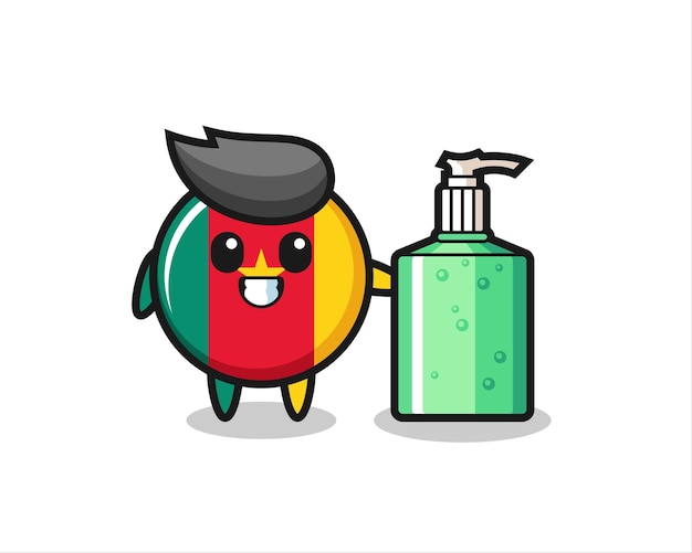 Cute cameroon flag badge cartoon with hand sanitizer