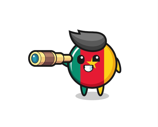 Cute cameroon flag badge character is holding an old telescope