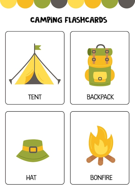 Cute camping elements with names Flashcards for children