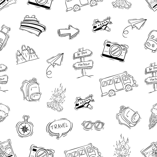 cute camping icons in seamless pattern with doodle or hand drawn style