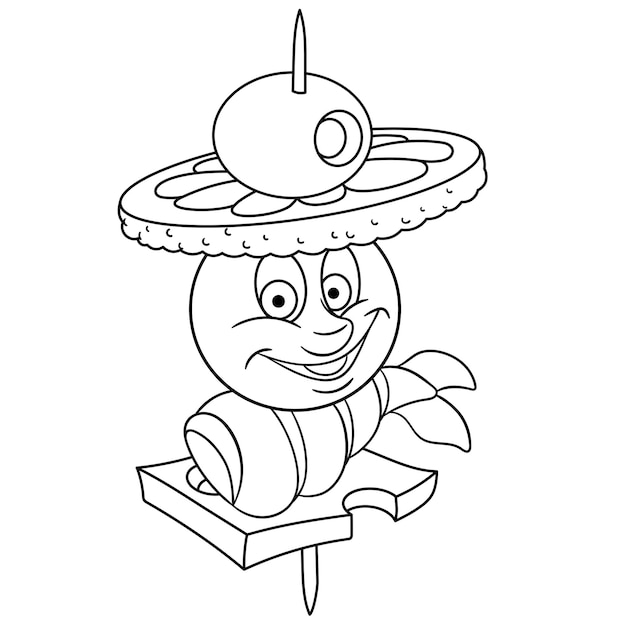 Cute canape snack. Cartoon funny food emoji face. Kids coloring page.