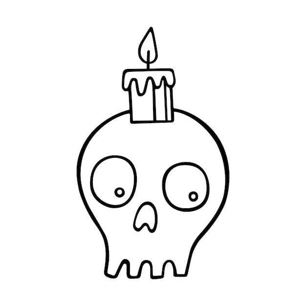 A cute candle holder in the shape of a human skull with a burning wax candle Funny skull with eyes Halloween theme Handdrawn vector illustration in the doodle style For stickers postcards