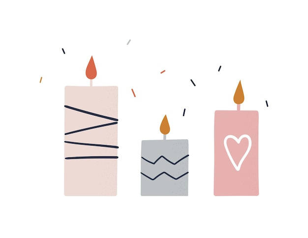 Cute candles isolated on white background. Cozy hygge home decoration. Flat hand drawn vector illustration.