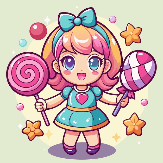 Cute CandyThemed Girl with Lollipops Cartoon Vector Drawing