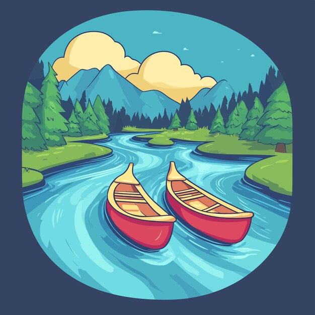 Vector cute canoes gliding on flowing rivers cartoon vector