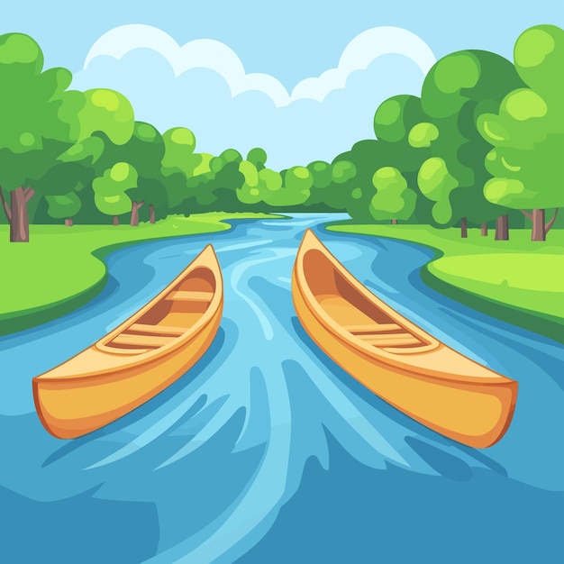 Cute Canoes Gliding on Flowing Rivers Cartoon Vector