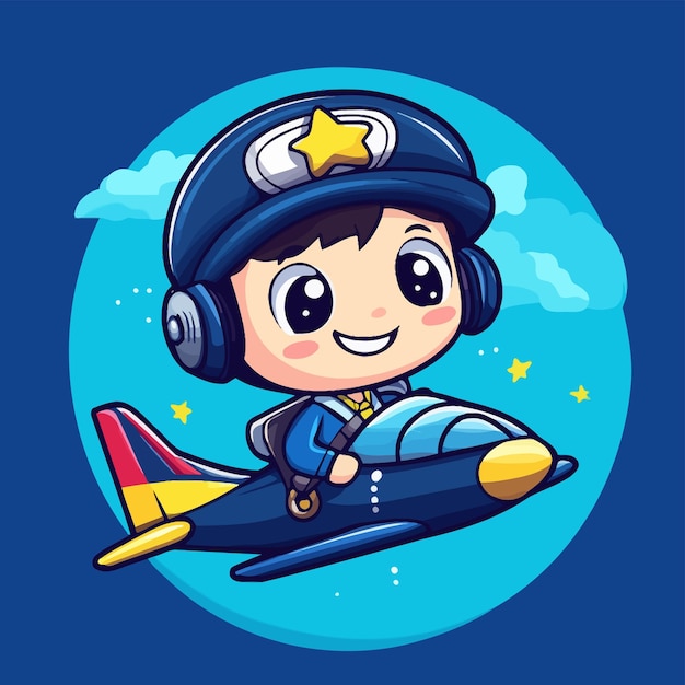 Vector cute captain flying aircraft cartoon vector icon