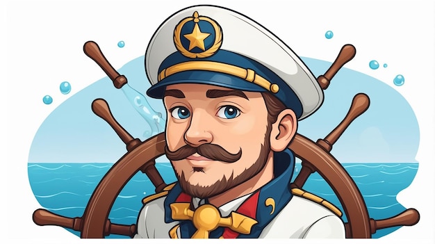 Cute Captain Steering Ship Cartoon Vector