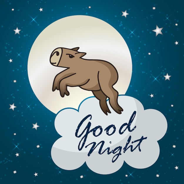 Cute capybara jumps on the background of the moon and clouds. Good night, sweet dreams. Comic vector illustration.