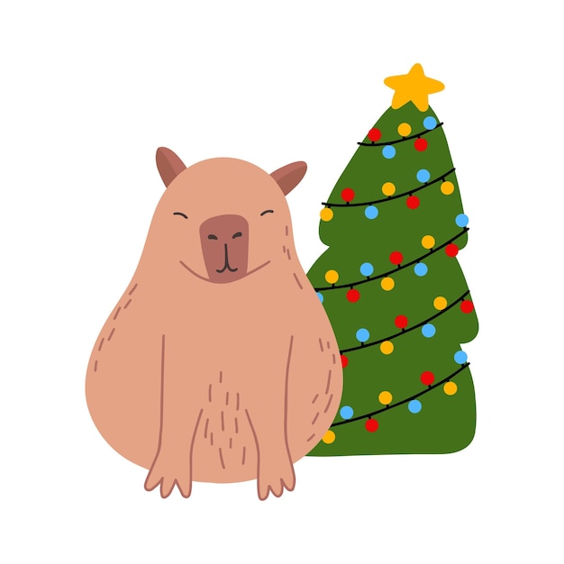 Cute capybara with Christmas tree in flat style vector illustration for Merry Christmas and New Year