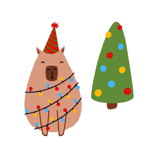 Cute capybara with Christmas tree in flat style vector illustration for Merry Christmas and New Year