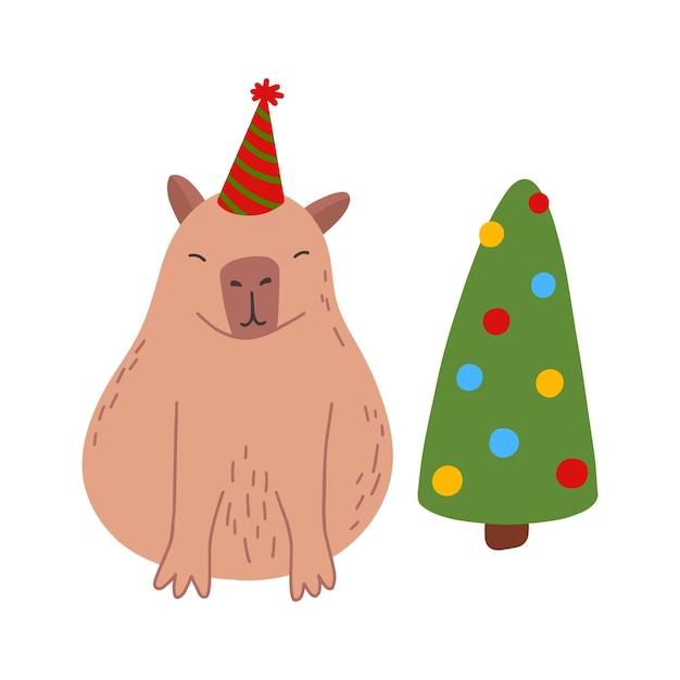 Vector cute capybara with christmas tree in flat style vector illustration for merry christmas and new year