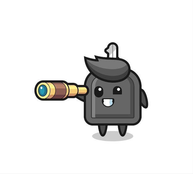 Cute car key character is holding an old telescope