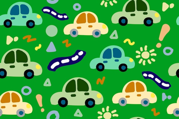 Cute car seamless pattern Kids hand drawn automobile on green background Doodle boy transport endless wallpaper