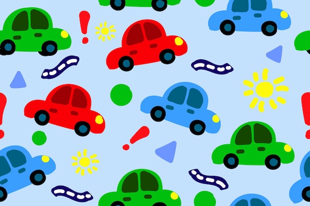 Cute car toy for boy seamless pattern Kids hand drawn automobile on blue background Doodle transport endless wallpaper