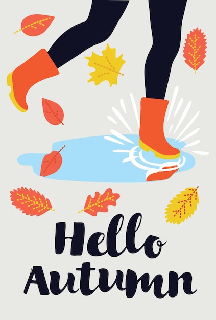 Cute card with hello autumn text and running legs