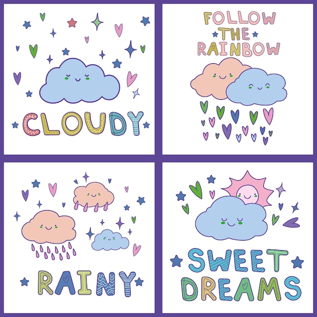 Cute cards set with hand drawn clouds kawaii Can be used for baby shower birthday babies clothes notebook cover design Vector cartoon style EPS