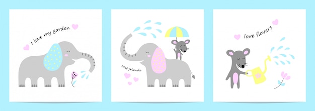 Cute cards with elephant and mouse 