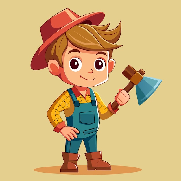 Cute Carpenter Character with Ax Cartoon Vector