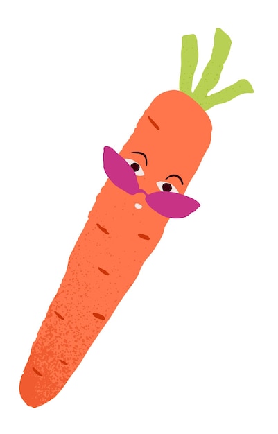 Cute carrot character in sunglasses Cool funny vegetable with curious interested excited amazed face expression emotion Childish flat vector illustration isolated on white background