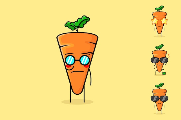 cute carrot character with cool expression and eyeglasses. green and orange