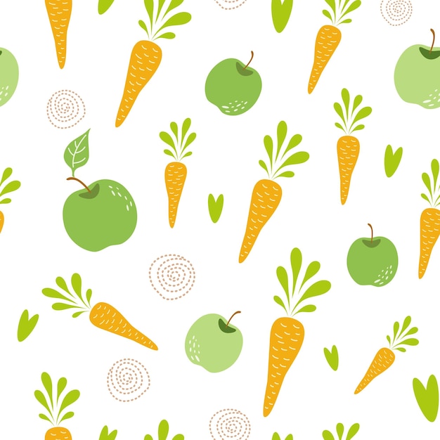 Cute carrot seamless pattern Hand drawn vegetables texture for kitchen wallpaper textile fabric paper Food background Green apple carrot design on white Vegan farm organic Vector illustration