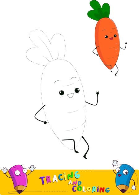 Cute carrot trace lines drawing and coloring pratice worksheet for kids