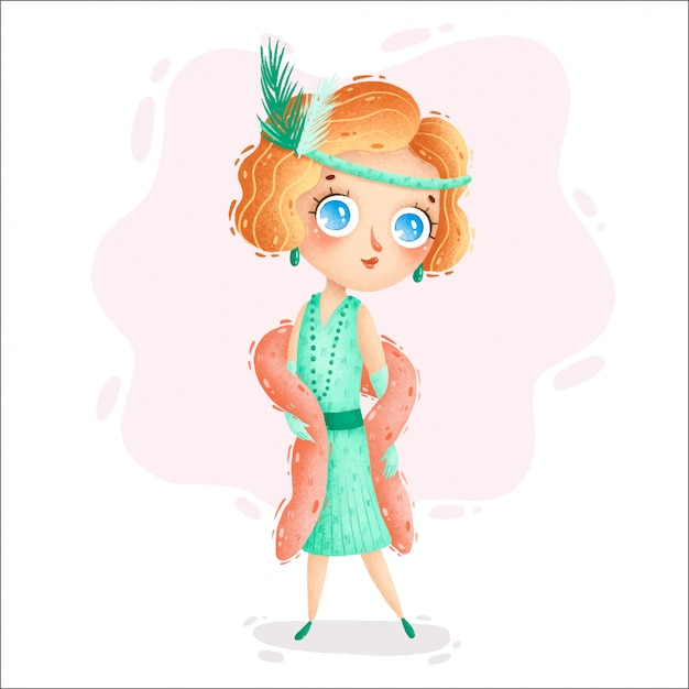 Vector cute cartoon 1920s girl in a mint dress with feathers on a white background