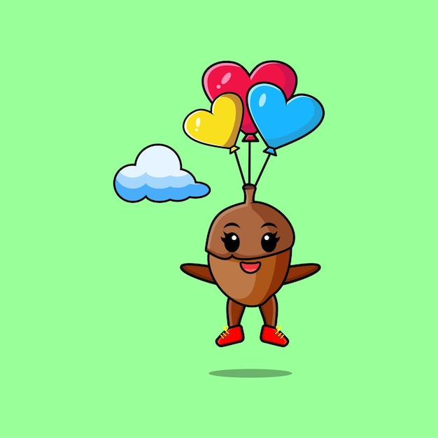 Cute cartoon Acorn mascot is skydiving with balloon and happy gesture cute modern style design