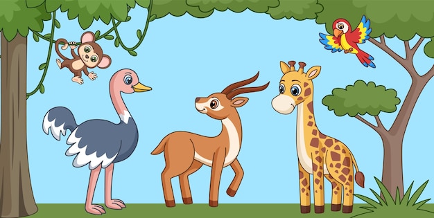 Cute cartoon african exotic animals background Wild animals illustration vector kids adventure book scene with monkey giraffe and parrot Illustration of exotic african animal