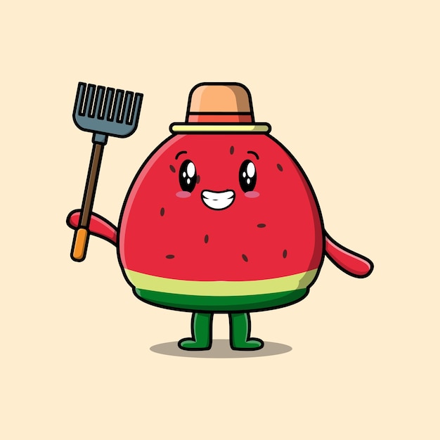 Cute cartoon Agricultural worker watermelon with pitchfork vector image cute modern style design