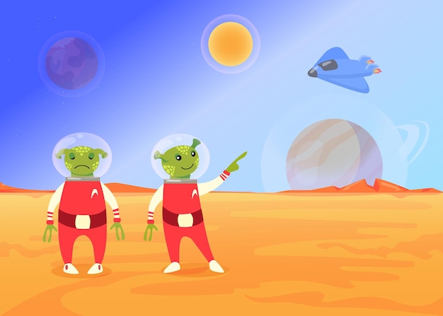 Cute cartoon aliens in space suit flat illustration