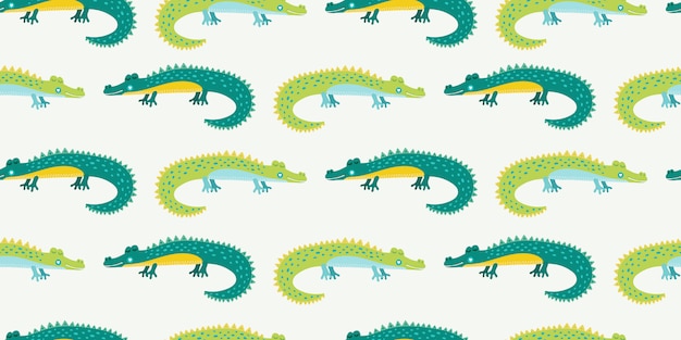 Cute cartoon alligator for kids. Seamless pattern with green nahd drawn crocodiles.