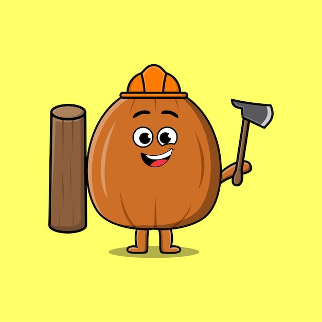 Cute cartoon Almond nut as carpenter character with ax and wood in flat modern style design