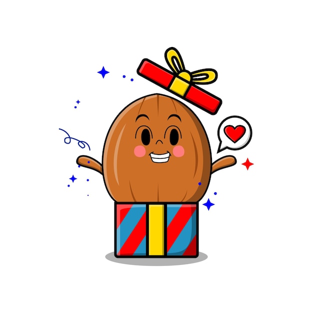 Cute cartoon Almond nut character coming out from big gift box look so happy flat cartoon style