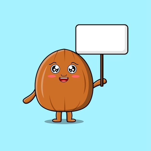 Cute cartoon Almond nut character holding blank board in vector flat cartoon style illustration