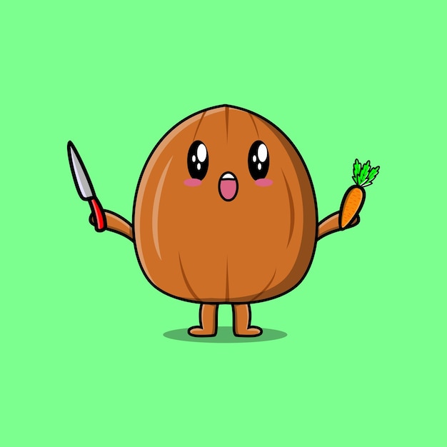 Cute cartoon Almond nut character holding knife and carrot in modern style design