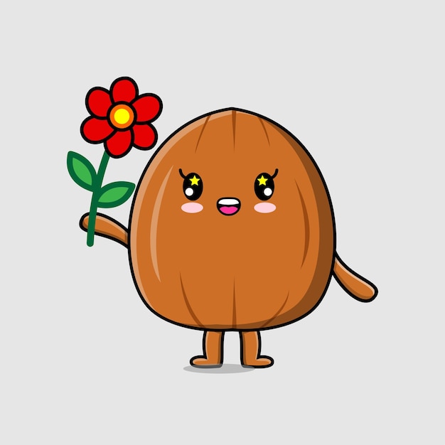 Cute cartoon Almond nut character holding red flower in concept flat cartoon style