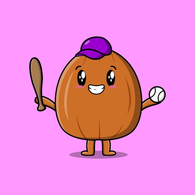 Cute cartoon Almond nut character playing baseball in modern style design illustration