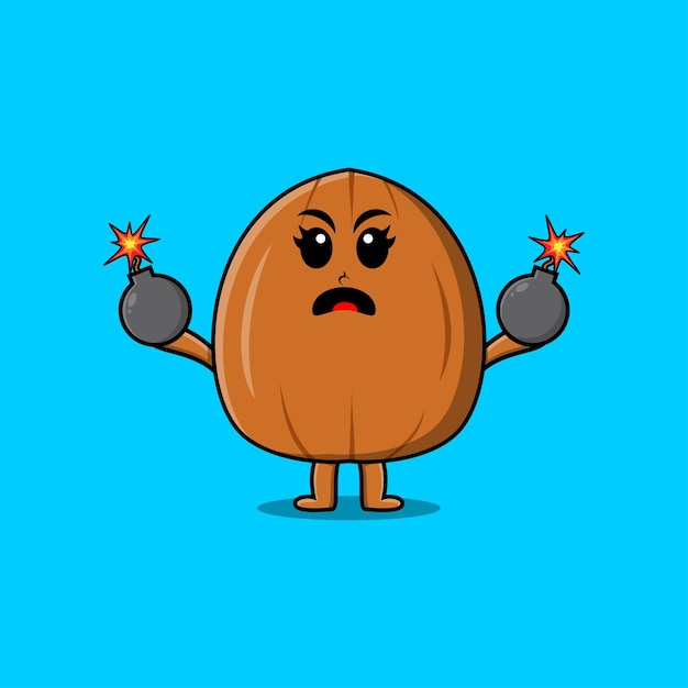 Cute cartoon Almond nut holding bomb with scared expression in flat modern style design illustration