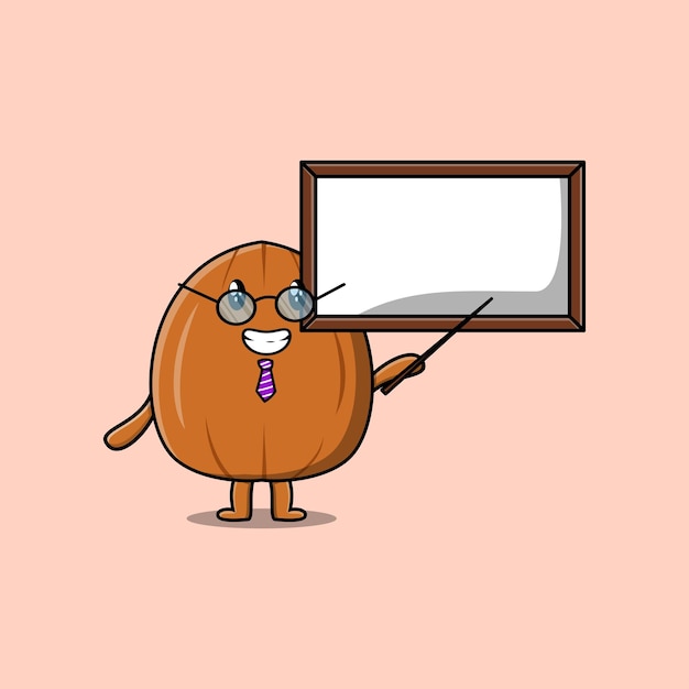 Cute cartoon Almond nut teacher character teaching with whiteboard in flat style illustration